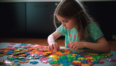cute preschooler concentrates colorful puzzle pieces generated by ai min